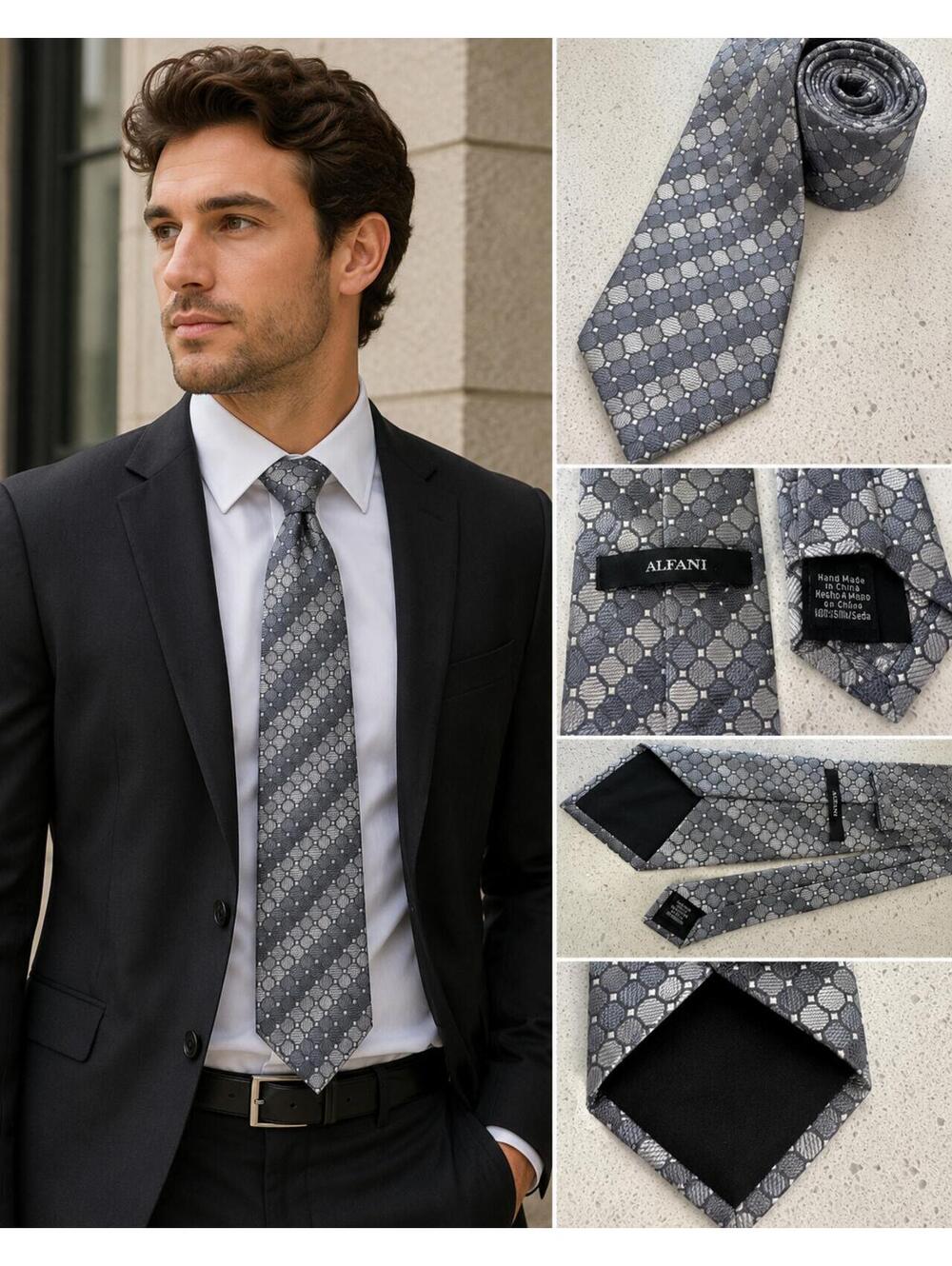 Alfani Men's Gray and Black Geometric Silk Tie